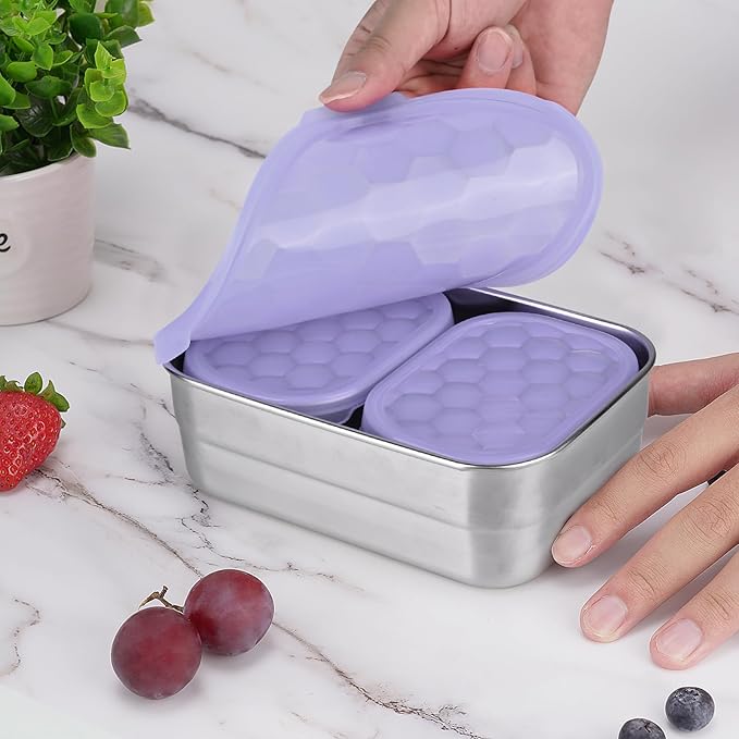 Tanjiae Small Stainless Steel Lunch Containers for Kids | Leak Proof BPA Free Snack Containers with 100% Pure Silicone Lids - Perfect Metal Lunch Box with Lids for School and Daycare (25oz+8oz*2)