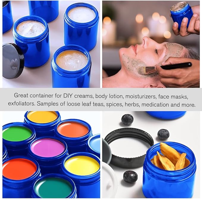 4 oz Glass Jars with Lids, Tecohouse Blue Glass Jars with Black Lids & Inner Liners, Mini Travel Sample Containers for Slime, Makeup, Cream, Lotion, Cosmetic - 2 Pack