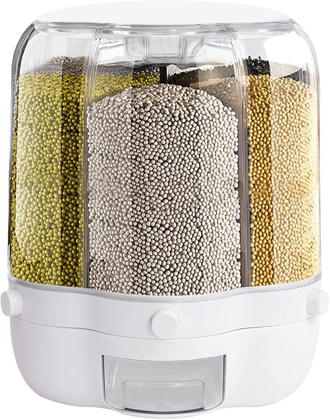 27lbs Rice and Grain Dispenser, 360° Rotating Food Storage Container Large Dry Food Dispenser with Sealed Lid 6-Grid Storage Box for Kitchen Rice Bucket for Rice Cereals Nuts Beans (27LBS)