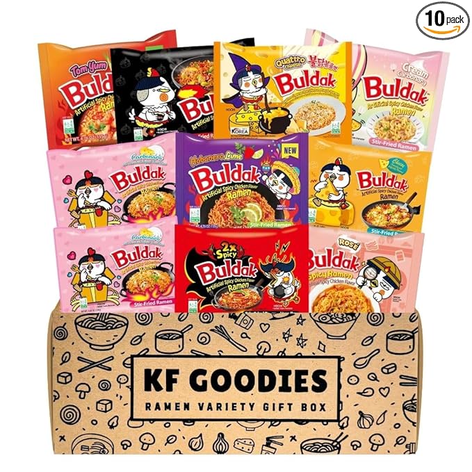 KF GOODIES Korean Ramen Variety Pack Gift Box (10 Count) – Spicy Buldak Noodle Assortment for Birthdays, College Care Packages, Office Snacks, and Gift Baskets