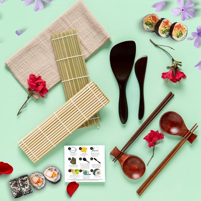 No Plastic Premium Sushi Making Kit for Home, for Beginners or Pro Sushi makers. Made of Premium Wood, includes Tea Cloth, Planet-Friendly - the Best Gift and DIY Home Sushi Kit Experience