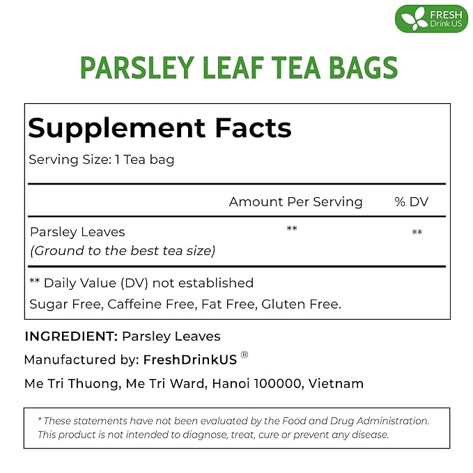 Premium 135 Parsley Leaf Tea Bags, 100% Natural & Pure from Parsley Leaves. Loose Leaf Parsley Herbal Tea. Parsley Leaf Tea. Made with Natural Material Tea Bags. No Sugar, No Caffeine, No Gluten, Vegan.