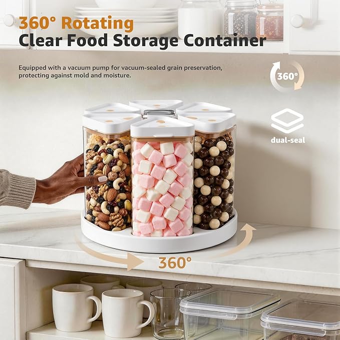 Airtight Food Storage Container with Manual Vacuum Pump, 6-Grid 27oz (800ml) Clear Rotating Pantry Organizer for Cereal, Nuts, Oats & Dry Foods, Kitchen Grain Dispenser, BPA-Free