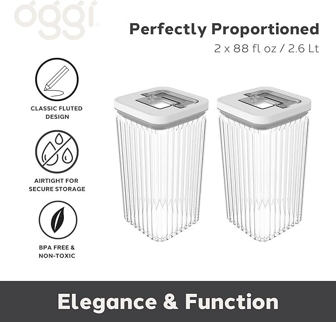 Oggi Airtight Clear Fluted Canister Set of 2 - Stackable Food Storage Containers with Lids, Vintage Modern Farmhouse Style, Kitchen Counter & Pantry Organization, Size - 2 x 88 fl oz / 2.6 Lt