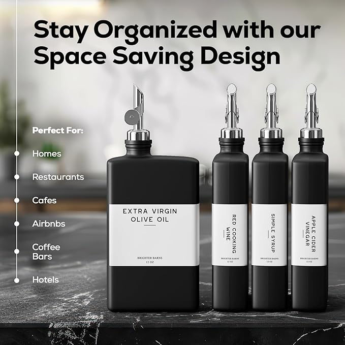 Black Glass Olive Oil Dispenser Bottle for Kitchen by Brighter Barns - Soy Sauce Dispenser, Coffee Syrup Bottle - Kitchen Decor for Restaurant, Airbnb, Coffee Bar Accessories (Black/Silver, Set of 2)