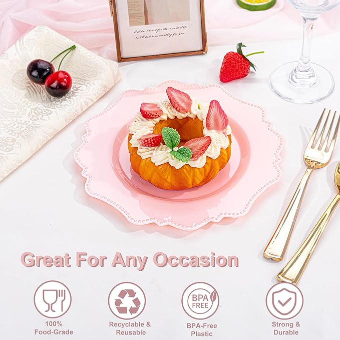 COLOSUS 60pcs Pink Plastic Dessert Plates - 7.5 Inch- Heavy Duty Disposable Plastic Appetizer/Salad/Cake Plates for Party Wedding and Everyday Use,Easter Day