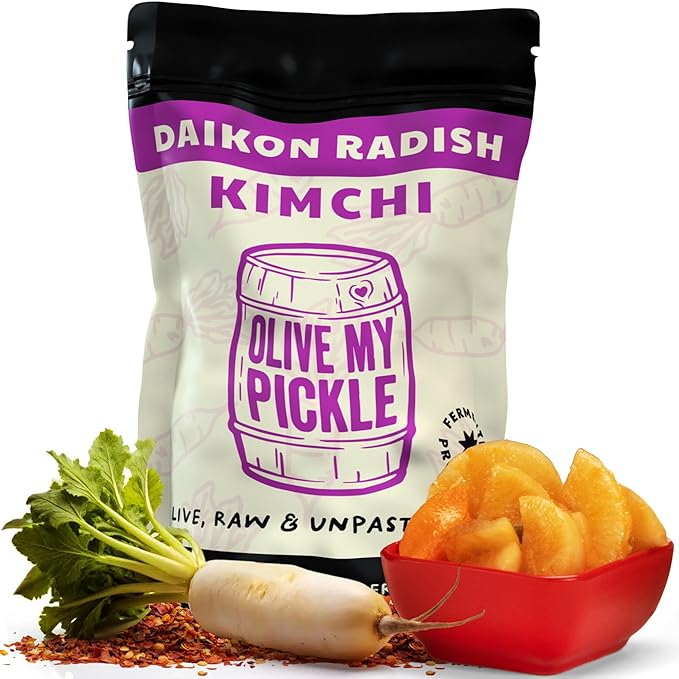 Olive My Pickle Fermented Kimchi - 16 Ounces | 1-Pack Bundle of Probiotic Daikon Radish Kimchi | Fresh & Flavorful Korean Food with Natural Probiotics for Gut Health - Perfect for Ramen & Spicy Noodles