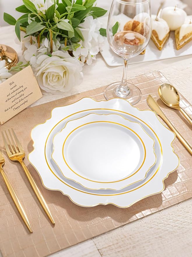 WDF 100PCS White and Gold Plastic Plates - Gold Disposable Plates - Include 50 Dinner & 50 Dessert Plate for Party - Heavy Duty Fancy Plastic Plate for Wedding/Bridal shower
