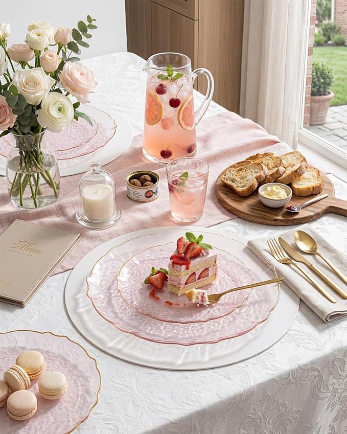 bUCLA 40PCS Clear Pink and Gold Plastic Plates - Fancy Pink Hammered with Gold Lace-Edge Disposable Plates - Include 20 Each (10inch Dinner & 7inch Dessert) Plates for Party, Birthday & Wedding