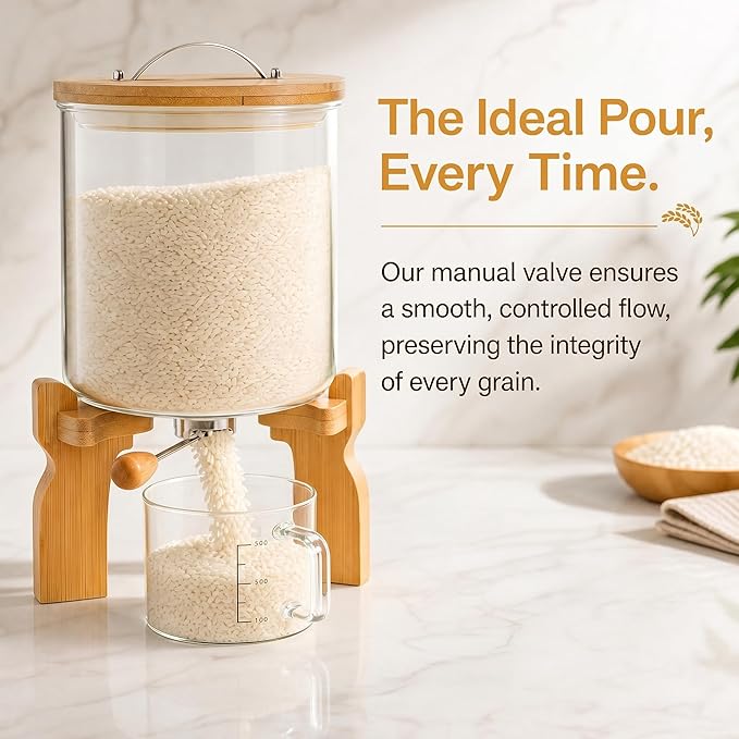 Goaste Glass Rice Dispenser with Bamboo Stand, 5L Flour Cereal Container with Airtight Lid, 8 Lbs Large Grain Food Storage Bucket, Countertop Beans Storage Tank with Measuring Cup & Valve for Dry Food