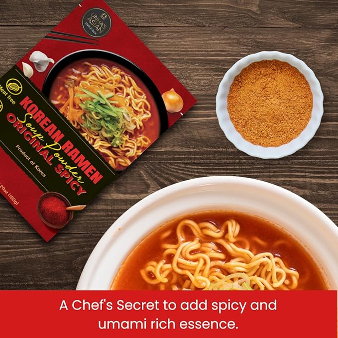 Korean Ramen Soup Seasoning Powder, Hot and Spicy Flavor, Vegan Instant Broth Mix, 5.29 oz Pack – Product of Korea