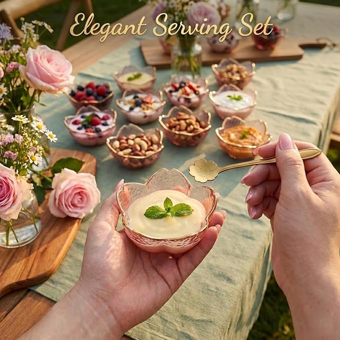 3.3“ Small Sakura Dipping Bowls Set with Gold Spoons，Pink Glass Sauce Dishes with Gold Trim for Soy Sauce, Sushi, Snacks, and Party Appetizers（12 Bowls+12 Spoons）