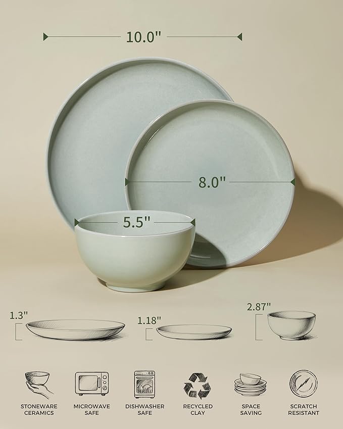 Pokini Santorini Mist Terracotta Reactive Glaze Plates and Bowls Sets, Stoneware Dinnerware Sets, Microwave and Dishwasher Safe Ceramic Dish Set Service for 4, Slate Green