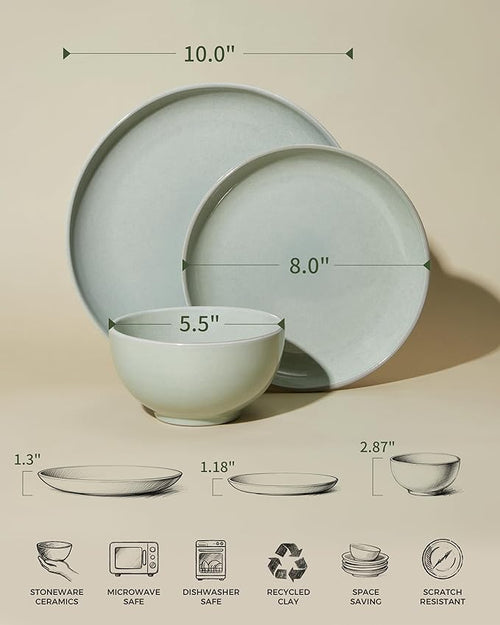 Pokini Santorini Mist Terracotta Reactive Glaze Plates and Bowls Sets, Stoneware Dinnerware Sets, Microwave and Dishwasher Safe Ceramic Dish Set Service for 4, Slate Green