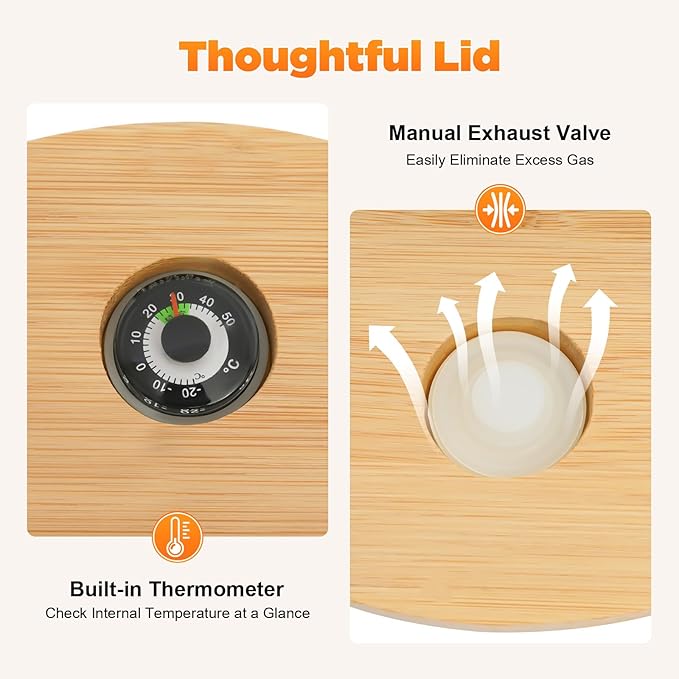 5L Glass Rice Dispenser with Wooden Stand, 1.32 Gal Flour Storage Container, Grain Storage-Bucket Tabletop Cereal Containers w/Manual Venting Valve,Thermometer, Lid, Measuring Cup ﻿ (5L, 1.32Gal)