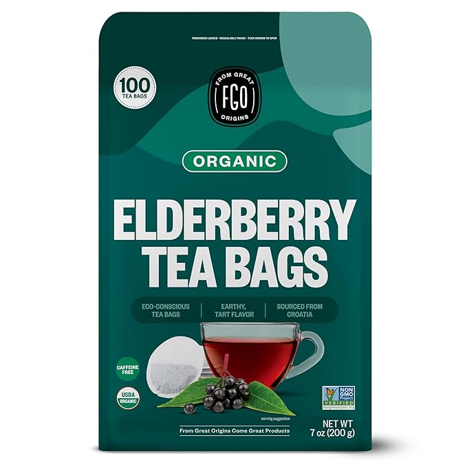 FGO Organic Elderberry Tea, 100 Count, Eco-Conscious Herbal Tea Bags, Resealabel Bag, Caffeine Free, Packaging May Vary (Pack of 1)