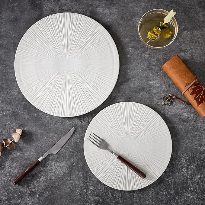 Round Flat Ceramic Serving Plate and Dinner Plate, 2 Pieces Set, 12" & 10" Plates, Elevate Dining Experience (White, Ray 12" & 10")