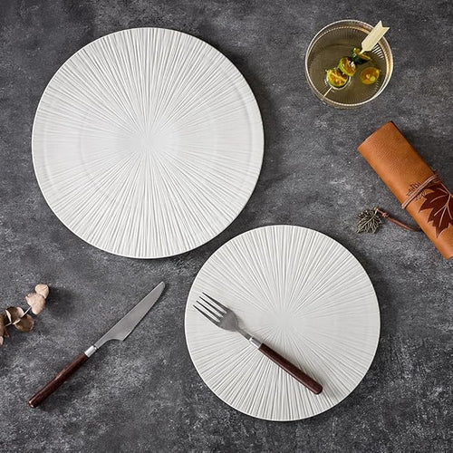 Round Flat Ceramic Serving Plate and Dinner Plate, 2 Pieces Set, 12" & 10" Plates, Elevate Dining Experience (White, Ray 12" & 10")