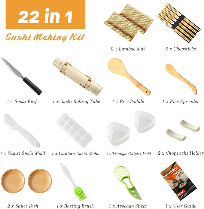 Sushi Making Kit, Delamu Upgrade 22 in 1 Sushi Maker Kit with Bamboo Mats, Chef's Knife, Triangle/Nigiri/Gunkan Sushi Mold, Chopsticks, Guide&More