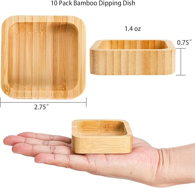 Jucoan 10 Pack Small Bamboo Bowls, Square Wooden Sauce Dish Dipping Bowl for Condiments, Appetizers, Snack, Ketchup, Charcuterie Board, Unbreakable, Stackable, Lightweight