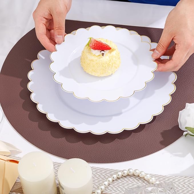 LIYH 60 Pcs Gold White Plastic Plates Scalloped Disposable Combo Includes 30 Dessert & 30 Dinner Plates for Monthers Day Birthday Wedding Party