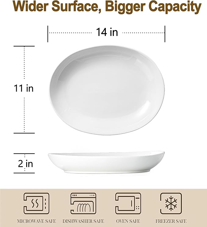 14 Inch Oval Serving Platters Set of 2, Large Wide Ceramic Serving Platter, White Porcelain Serving Trays for Entertaining, Turkey, Steak, Appetizers, Pasta, Salad