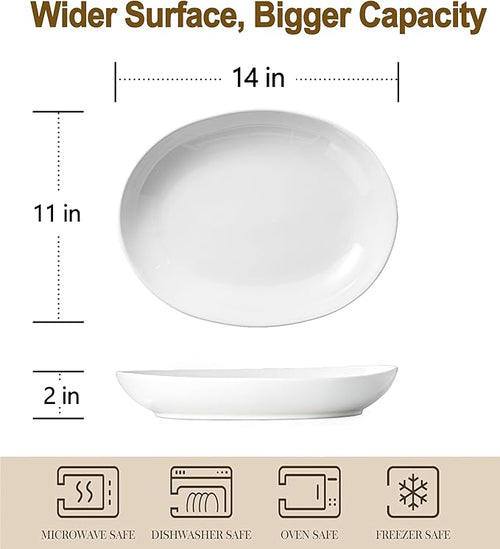 14 Inch Oval Serving Platters Set of 2, Large Wide Ceramic Serving Platter, White Porcelain Serving Trays for Entertaining, Turkey, Steak, Appetizers, Pasta, Salad