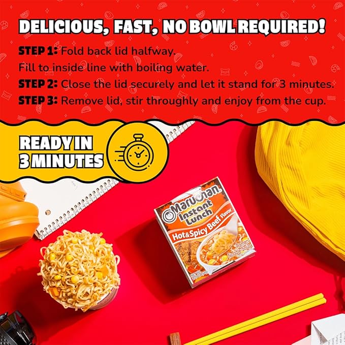 Maruchan Instant Lunch Ramen Noodles, Hot & Spicy Beef Flavor – Japanese-Style Instant Noodle Soup, Easy Meal Ready in 3 Minutes – 2.25 Oz. (12 Pack)
