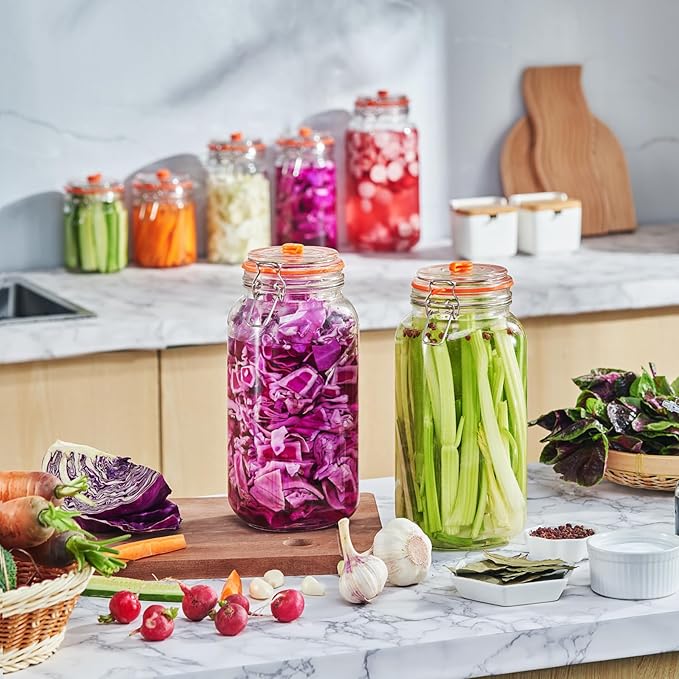 JILLMO Wide Mouth Glass Fermentation Jar with Airlock & Glass Weight, 2L (64oz) Fermenting Jar for Sauerkraut, Kimchi, Pickles & More,Pack of 2