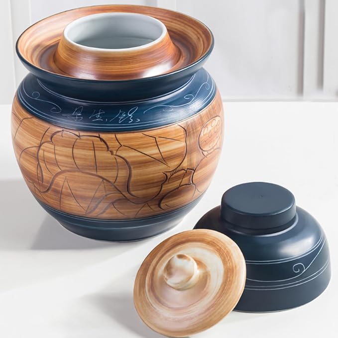 Traditional Chinese Porcelain Pickle Jar, Ceramic Fermenting Jar with Water Seal Airlock Lid, Turnip Kimchi Sauerkraut Fermentation Crock Pickling Pot(3.5kg, BlueA)