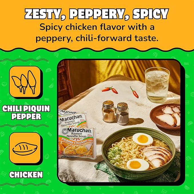 Maruchan Ramen Noodle Soup, Picante Chicken Flavor – Japanese-Style Instant Noodles, Quick & Easy Meal for Students & Busy Families – 3 Oz. (24 Pack)