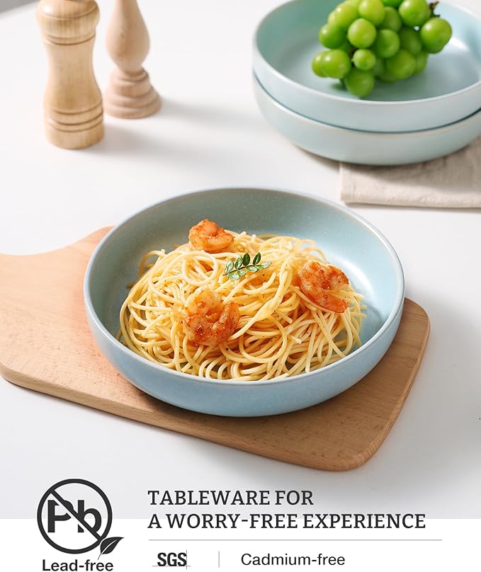 famiware Milkyway Pasta Bowls Set of 8, 33 oz Large Salad Bowls, Double Reactive Glaze, Sturdy & Stackable, Ideal for Housewarming, Festivals, Light Blue