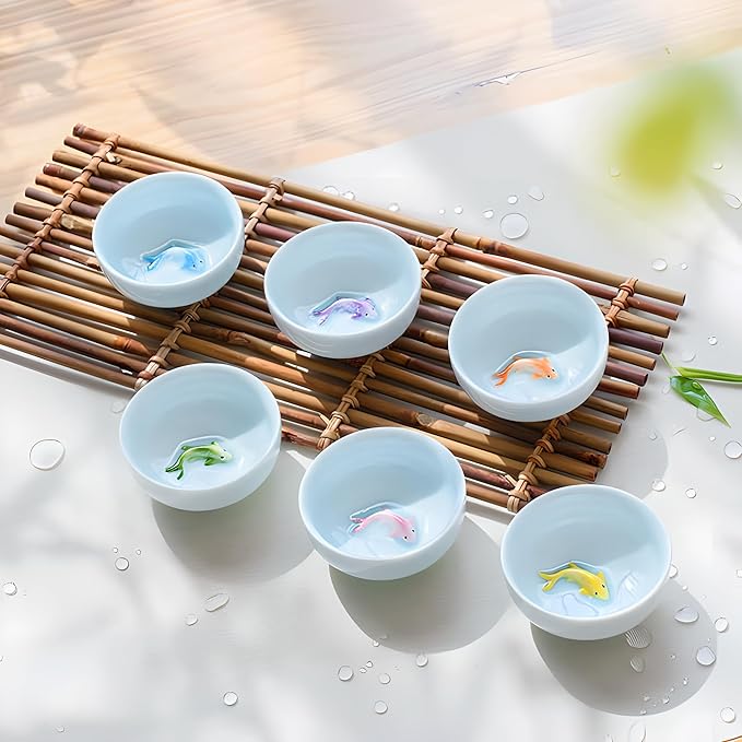Yixing Handmade Celadon Colorful Koi Fish Teacup(Set of 6),Chinese Gongfu Tea Cup,Japanese Teacup, Korean Soju Shot Glasses Set (Koi Cups)