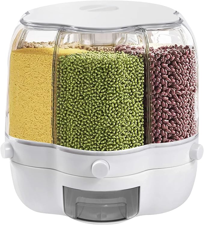 Grain Storage Container Dispenser, 6 Grids rice dispenser rotating, 360° rotating food dispenser One-Click Output rice Storage Round Grain Dispenser Kitchen (White Medium 1.53kg)