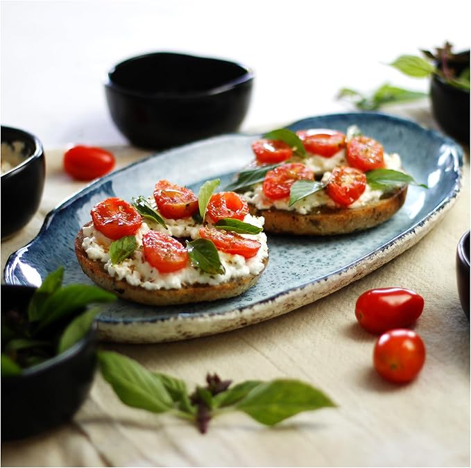 roro Rustic Handmade Ceramic Stoneware Oval Plates, Reactive Blue, Set of 2 – Textured Finish Artisan Serving Plates