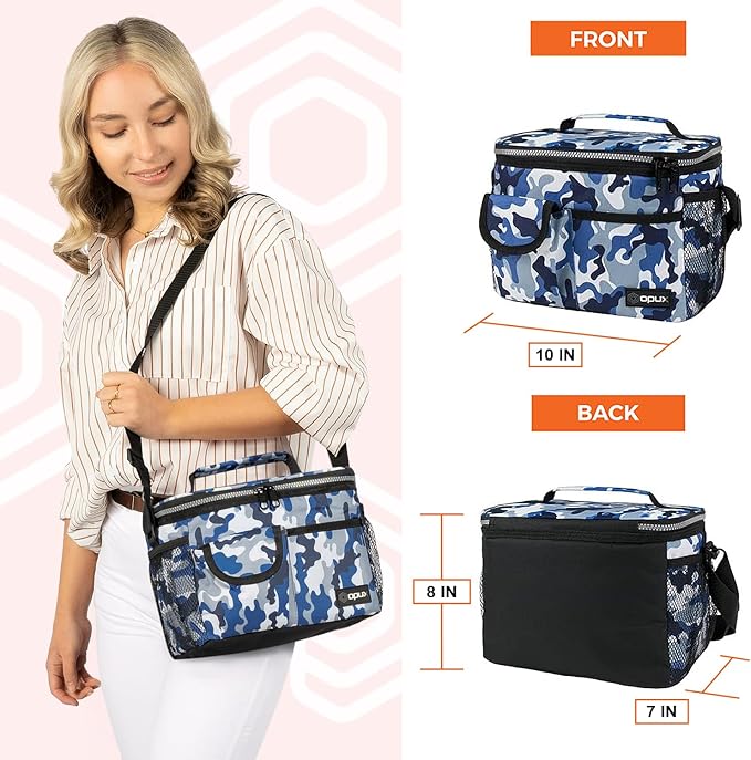opux Insulated Lunch Box for Men Women Kids, Leakproof Reusable Lunch Bag Cooler for Work School Office, Soft Thermal Lunchbox Tote with Shoulder Strap for Boys Girls Adults, Camo Blue, 14 Can/8L