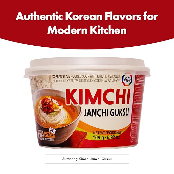 Surasang Kimchi Janchi Guksu Korean Thin Noodle Soup Bowl - Authentic Kimchi Broth, Non-Fried Noodles, Microwave Ready in 2 Minutes - 5.92 oz, Pack of 6