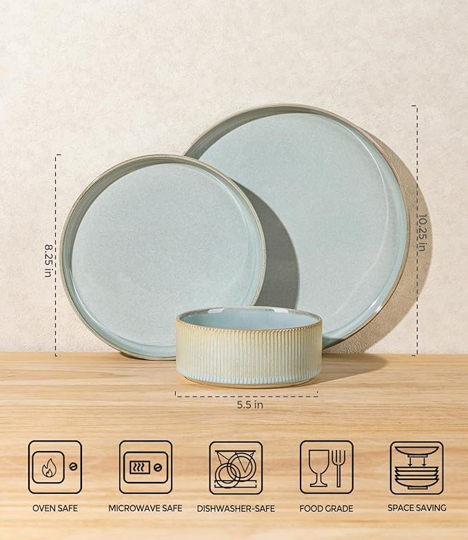 TheTerra Ceramic Dinnerware Sets for 6, 18 Pieces Porcelain Lightweight Plates and Bowls Sets, Scratch Resistant Dish Set, Oven & Microwave & Dishwasher Safe, Illusion Blue