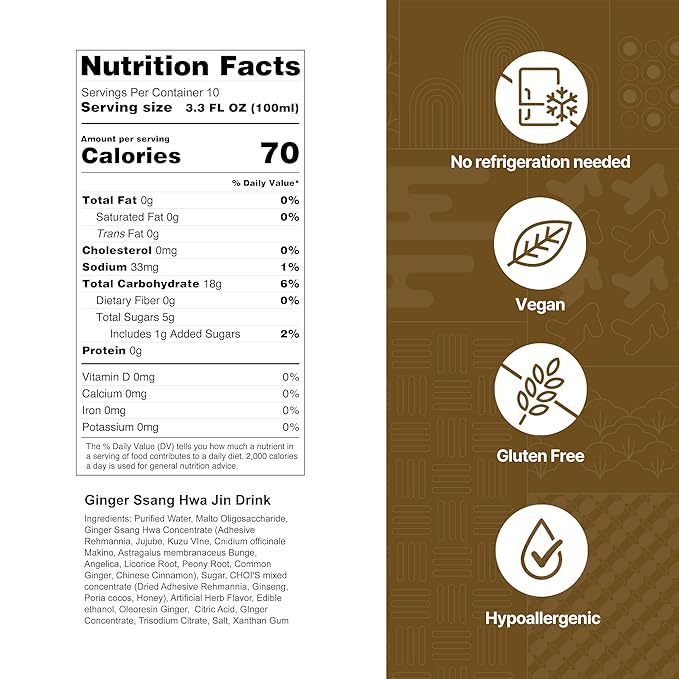 KWANGDONG Ssang Hwa Jin (Ginger) - Korean Traditional Herbal Ginger Tea, Supports General Wellness, Energy, and Vitality, 10 Pouches