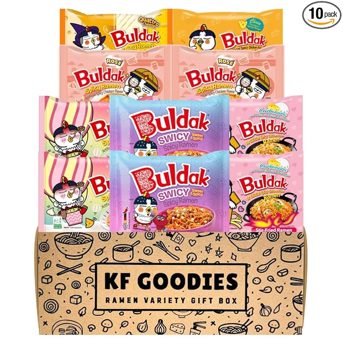 KF GOODIES Korean Ramen Variety Pack Gift Box (10 Count) – Spicy Buldak Noodle Assortment for Birthdays, College Care Packages, Office Snacks, and Gift Baskets