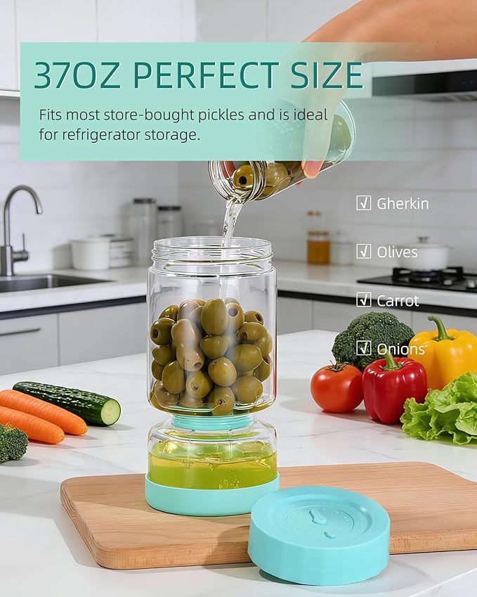 ZENS Pickle Jar with Strainer Flip, 37oz Pickle Container Olive Hourglass Jars, Pickle Juice Separator, Airtight Leakproof Lid, Glass Pickling Jars for Jalapeno-Dual Wet-Dry Design