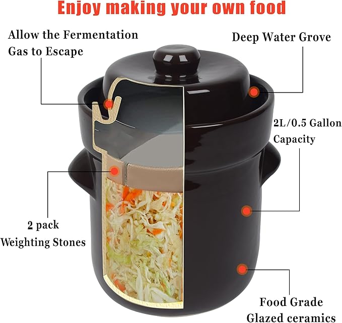 Fermentation Crock Jar 2 Liter/0.5 Gallon - Stoneware Pot for Fermenting, Pickling Kimchi, Pickles, Vegetables, Kombucha - Glazed Fermenter with Stone Weights, Lid