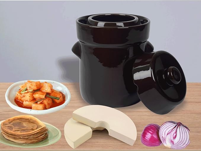 Fermentation Crock Jar 2 Liter/0.5 Gallon - Stoneware Pot for Fermenting, Pickling Kimchi, Pickles, Vegetables, Kombucha - Glazed Fermenter with Stone Weights, Lid