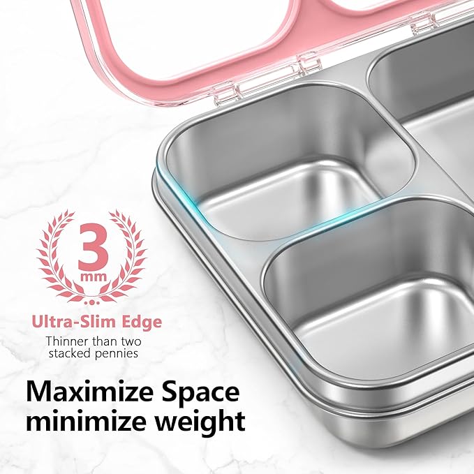 HOMEKOL Stainless Steel Bento Lunch Box, 3-Compartment Leak-Proof Metal Lunch Container for Kids & Adults, BPA-Free, Dishwasher Safe, Clear Tritan Lid, 4.2Cups/1000ml Pink (Not Insulated)