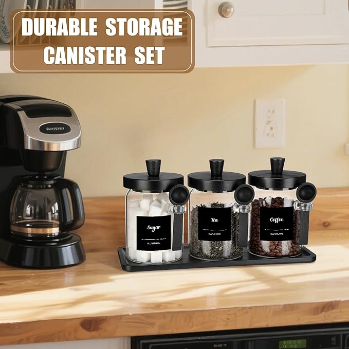 Suclain 3 Pcs Glass Coffee Container with Wooden Lid Spoon Shelf Labels Clear Airtight Jar Food Storage Canister Set for Sugar Spice Coffee Bean Holder Housewarming Gift(20 oz,Black Bamboo)