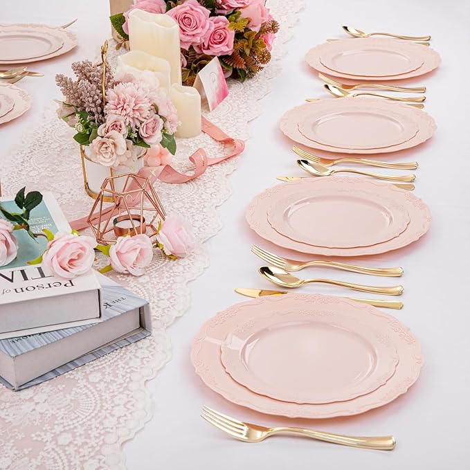 U-QE 100PCS Mauve Pink Plastic Plates - Heavy Duty Pink Disposable Plates for Mothers Day, Party, Baby Shower, Wedding - Serving 50 Guests Include 50PCS 10'' Dinner Plates & 50PCS 7.5'' Dessert Plates