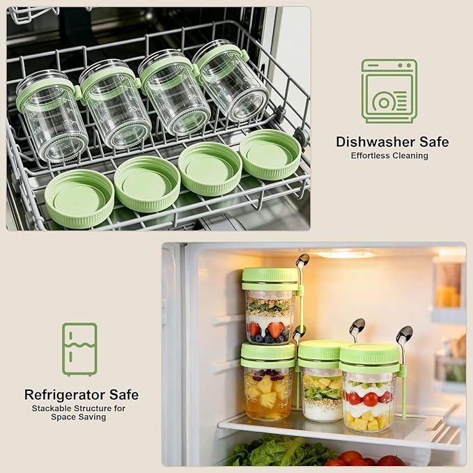 4 Pack Overnight Oats Containers with Lids and Spoons - 16 oz Glass Mason Jars with Dressing Cup, Over night Oat Jars for Meal Prep, Yogurt Parfait Cup for Chiaseed Salad (Green)