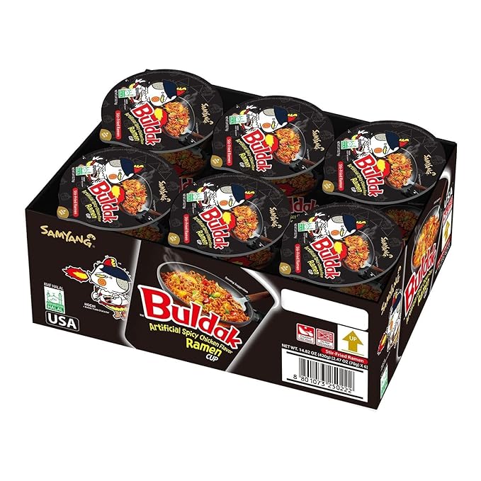 W&E Mart Ramen, Buldak Hot Spicy Chicken Ramen Noodle, Korean Stir-Fried, Original Flavor, Pack of 6 cups