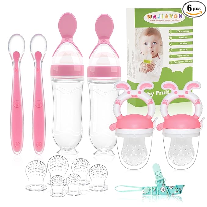 Baby Fruit Feeder Pacifier - 6 Pack | 2 Infant Food Feeder Pacifier & 2 Baby Food Dispensing Spoon | Fresh Fruit Teethers for Babies | Silicone Feeder Babies,Infant Teething Feeders -Pink