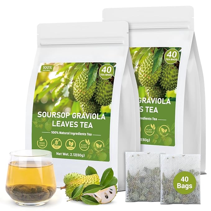 Soursop Tea, 100% Natural Soursop Leaves Tea Bags for Digestion, Immunity, Sleep Support & Healthy Skin, Caffeine Free, No Additives (80 Bags/2 Pack)